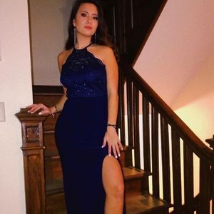 Navy Blue Sequin Dress With Slit